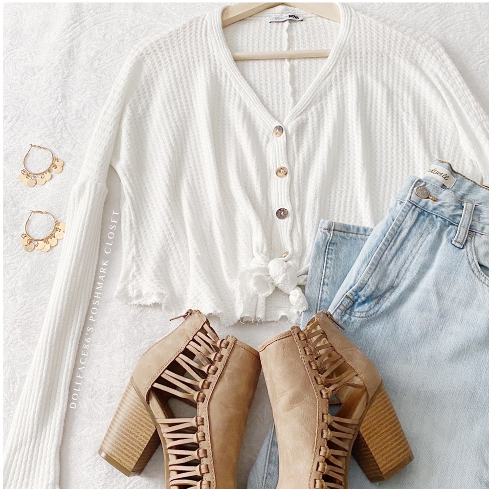 Fashion Nova White Cropped Tied Waist Button Down Waffle Top